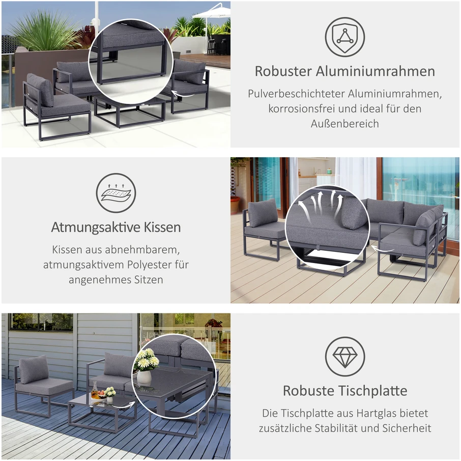 Lauko baldų komplektas Koduva 6 dalių sodo poilsio baldų komplektas, pilkas, aliuminis, poliesteris, grūdintas stiklas, 4–5 asmenims