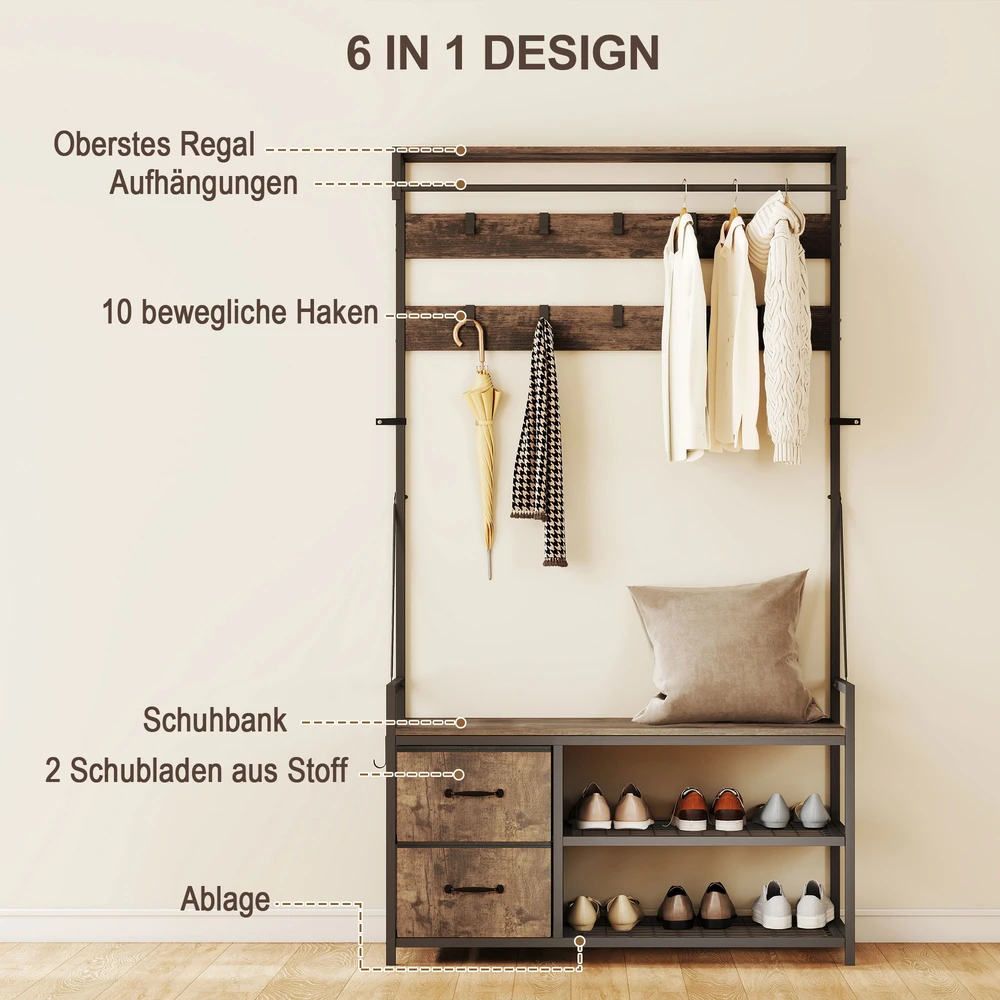 Aosom 6-in-1 drabužių kabykla su batų lentyna, industrinio stiliaus, 10 kabliukų, 2 medžiaginiai stalčiai, metalas, ruda