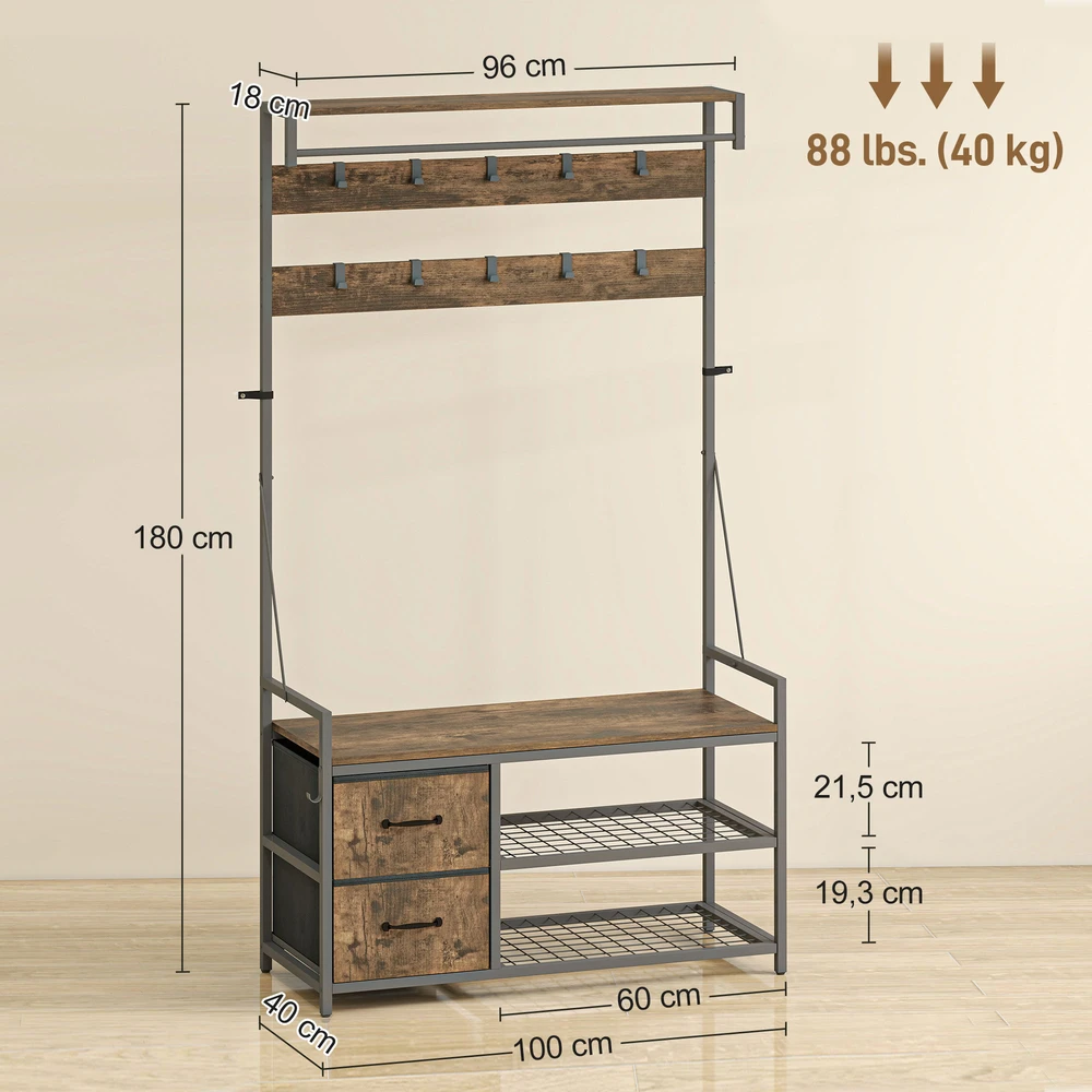Aosom 6-in-1 drabužių kabykla su batų lentyna, industrinio stiliaus, 10 kabliukų, 2 medžiaginiai stalčiai, metalas, ruda