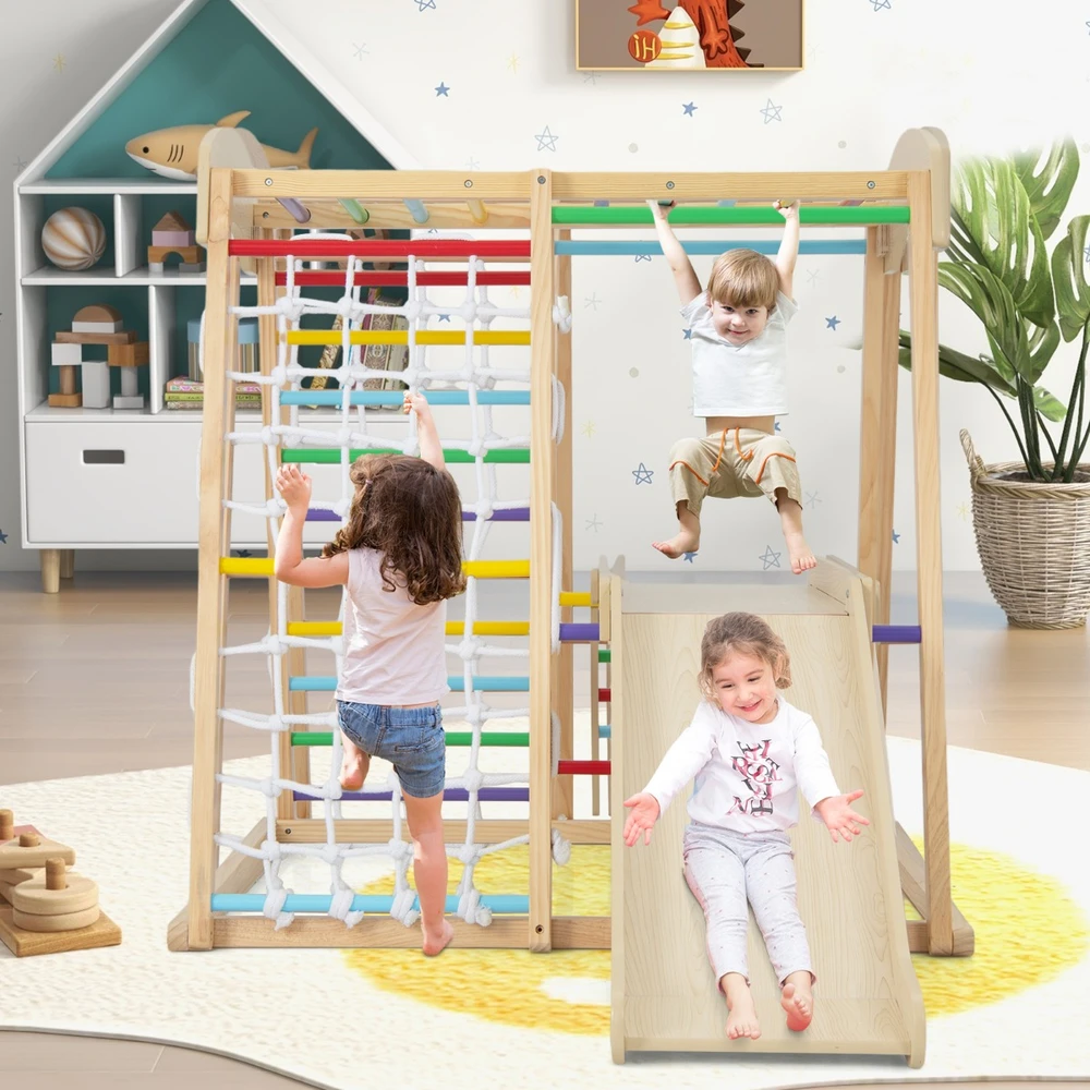 Promotion 6-in-1 medinis vidaus laipiojimo aikštelė su beždžionių skersiniais, natūrali