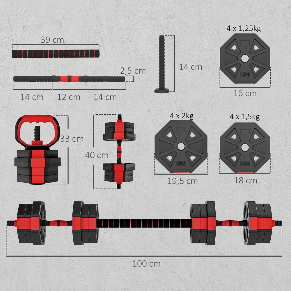 Aosom 6-in-1 reguliuojamas hantelių rinkinys, raudona, 20 kg