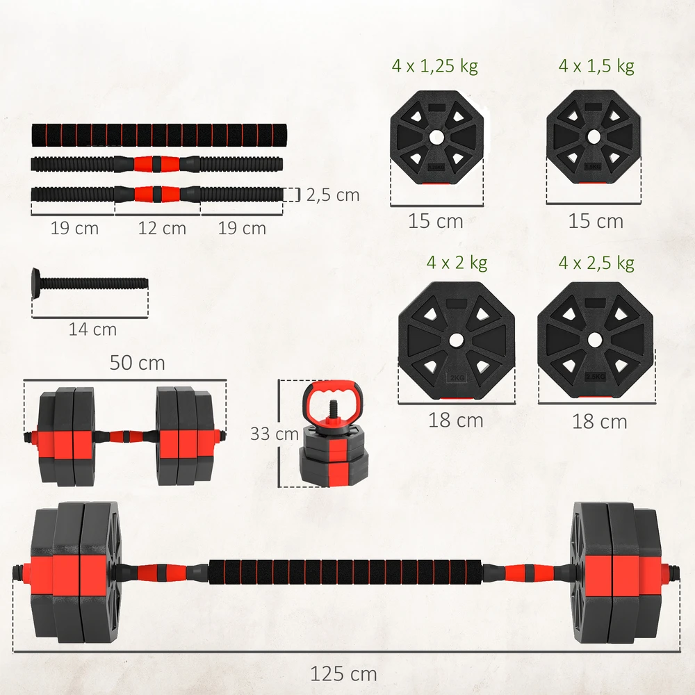 Virdulys Aosom 6-in-1 reguliuojamų hantelių rinkinys, raudonas, 30 kg