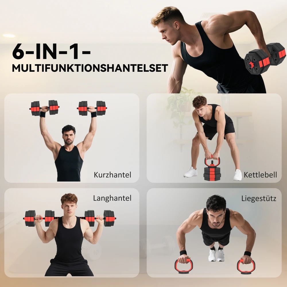 Virdulys Aosom 6-in-1 reguliuojamų hantelių rinkinys, 25 kg, raudonas