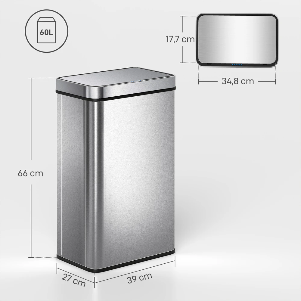 Aosom 60 l sensorinis šiukšlių dėžė, automatinis dangtis, nerūdijantis plienas, sidabrinė