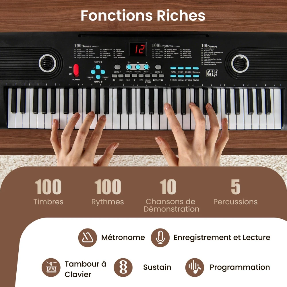 Promotion 61 klavišų elektroninis keyboard muzikos instrumentas su mikrofonu, natų stovu, lipdukais ir nešiojamu dėklu, baltas