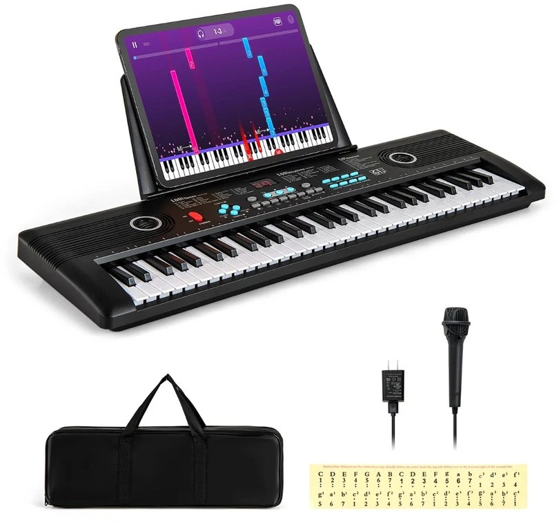 Promotion 61 klavišų elektroninis keyboard muzikos instrumentas su mikrofonu, natų stovu, lipdukais ir nešiojamu dėklu, baltas