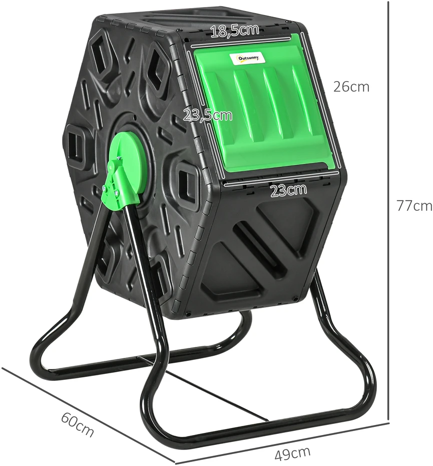 Aosom 65 l kompostavimo dėžė, sukama, kompaktiška, 24 ventiliacijos angos, plienas, plastikas, žalia + juoda