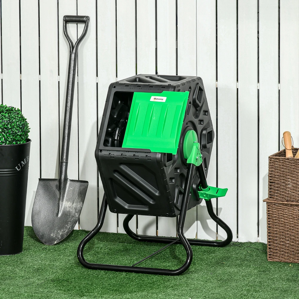 Aosom 65 l kompostavimo dėžė, sukama, kompaktiška, 24 ventiliacijos angos, plienas, plastikas, žalia + juoda