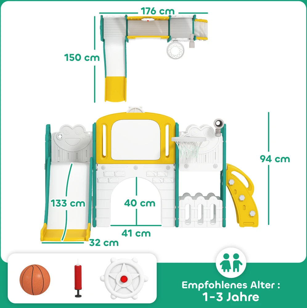 Aosom 7-in-1 čiuožyklos komplektas mažiems vaikams, krepšinio lankas, varlės dizainas, laipynė, sūpynių sėdynė, naudoti viduje ir lauke, geltona + žalia