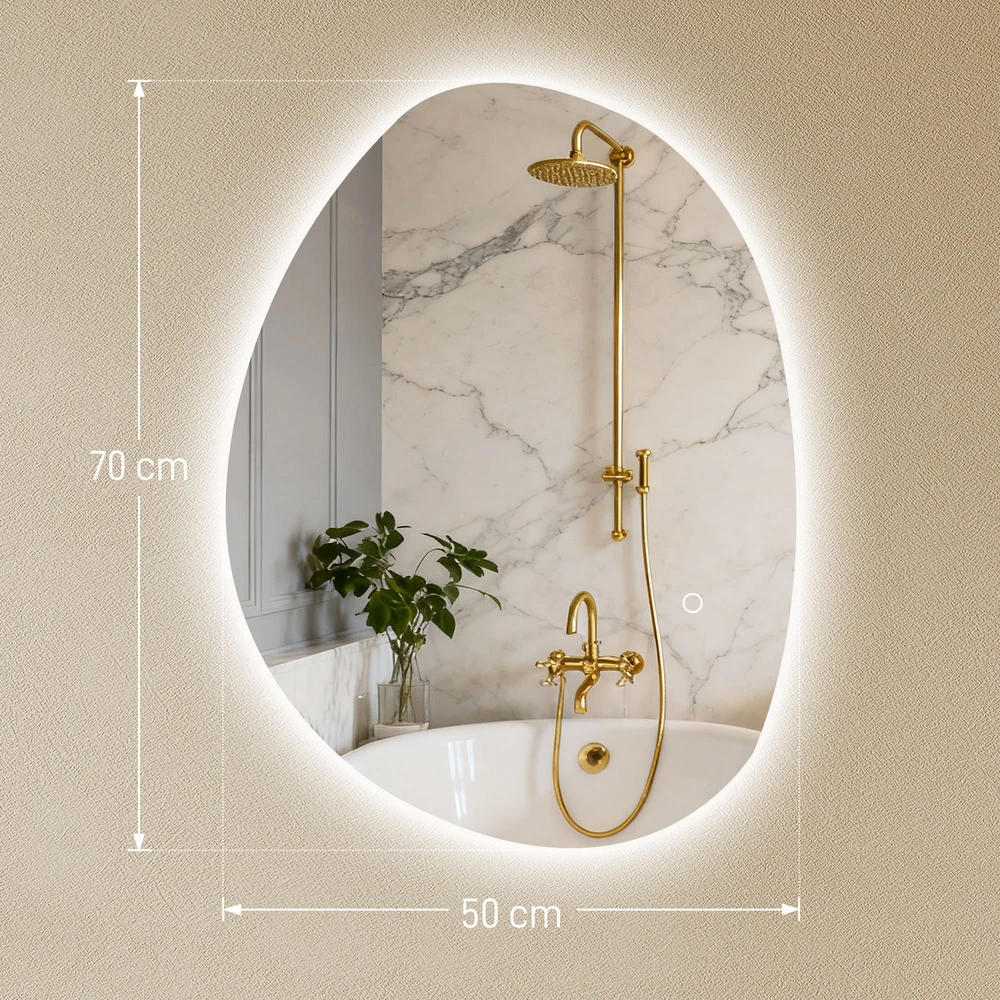 Koduva 70 x 50 cm asimetriškas vonios veidrodis su LED šviesa, sidabrinis