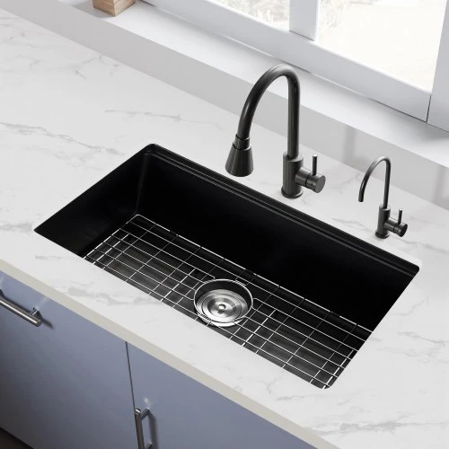 Koduva 76 cm granitinė virtuvinė plautuvė VEVOR, juoda, su priedais