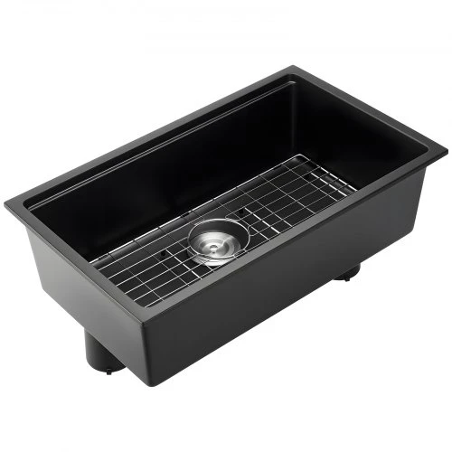 Koduva 76 cm granitinė virtuvinė plautuvė VEVOR, juoda, su priedais