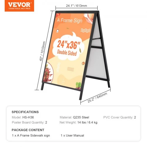 VEVOR A formos šaligatvio reklaminis stendas HS-H36, dvipusis, plieno, 61 x 91 cm