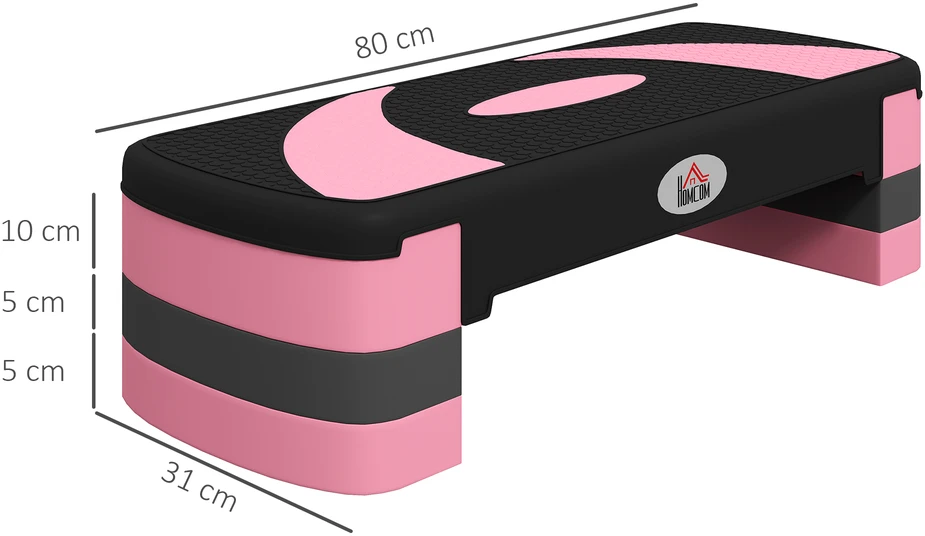 Aosom Aerobikos step platforma, reguliuojamo aukščio, 80 x 31 x 10/15/20 cm, iki 150 kg, juoda / rožinė / pilka
