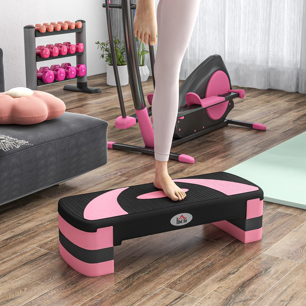Aosom Aerobikos step platforma, reguliuojamo aukščio, 80 x 31 x 10/15/20 cm, iki 150 kg, juoda / rožinė / pilka