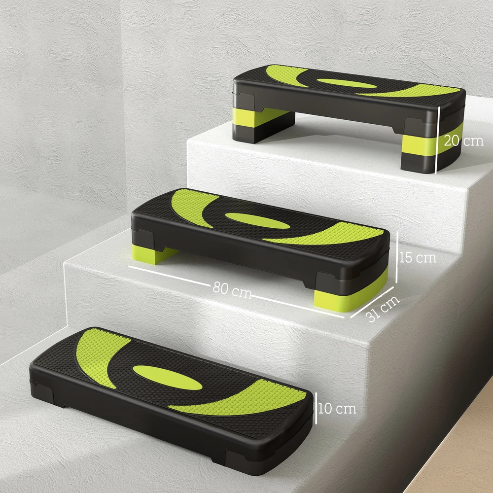 Aosom Aerobinis step platformos laiptelis, reguliuojamas aukštis, juodas, žalias, 80 x 31 x 10-20 cm