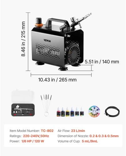VEVOR Aerografo rinkinys su kompresoriumi TC-802, 120 W, 220-240 V, 1 aerografas, 3 antgaliai