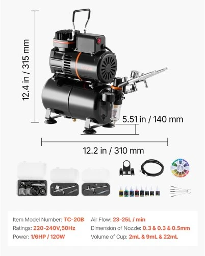 VEVOR Aerografo rinkinys su kompresoriumi TC-20B, 120 W, 3 dvigubo veikimo aerografai, 35 x 19 x 41 cm