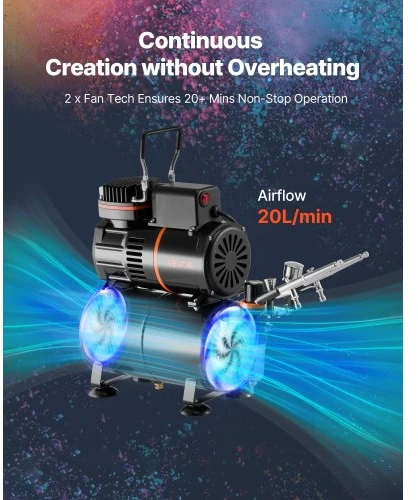 VEVOR Aerografo rinkinys su kompresoriumi TC-20B, 120 W, 3 dvigubo veikimo aerografai, 35 x 19 x 41 cm