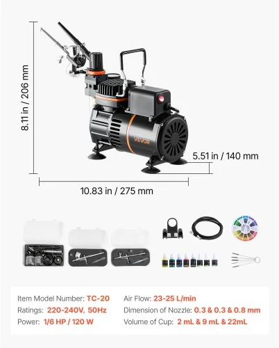 VEVOR Aerografo rinkinys su kompresoriumi TC-20, 120 W, 3 vnt.