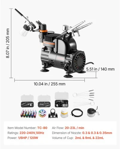 VEVOR Aerografo rinkinys TC-80 su kompresoriumi, 120 W, 3 vnt.