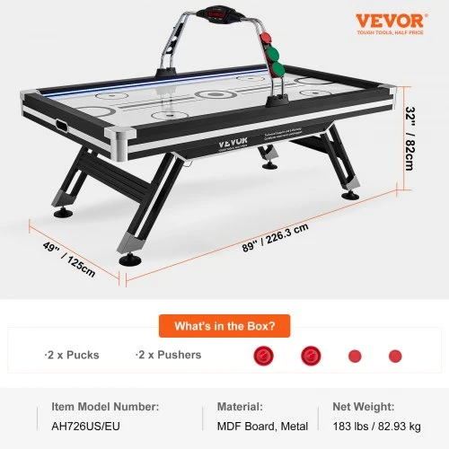 Koduva Air hockey stalas VEVOR, LED, 236 x 135 x 18 cm, su 2 rituliais ir 2 stūmikliais