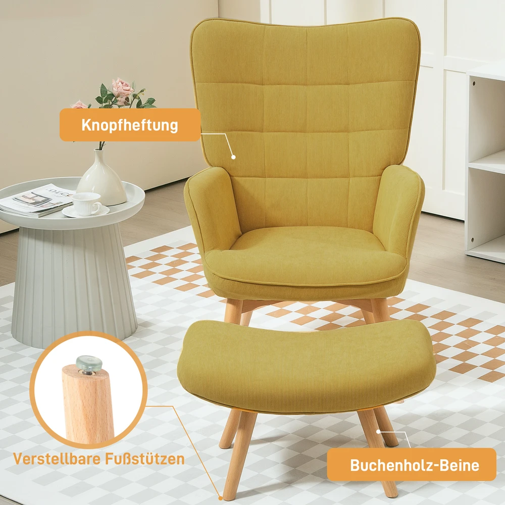 Aosom Akcentinė kėdė su pufu, veliūro išvaizda, su medinėmis kojomis, oranžinė