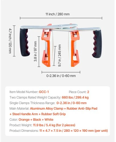 VEVOR Akmens nešimo gnybtai GCC-1, 2 vnt., iki 299 kg, oranžiniai/juodi/balti, 0-60 mm