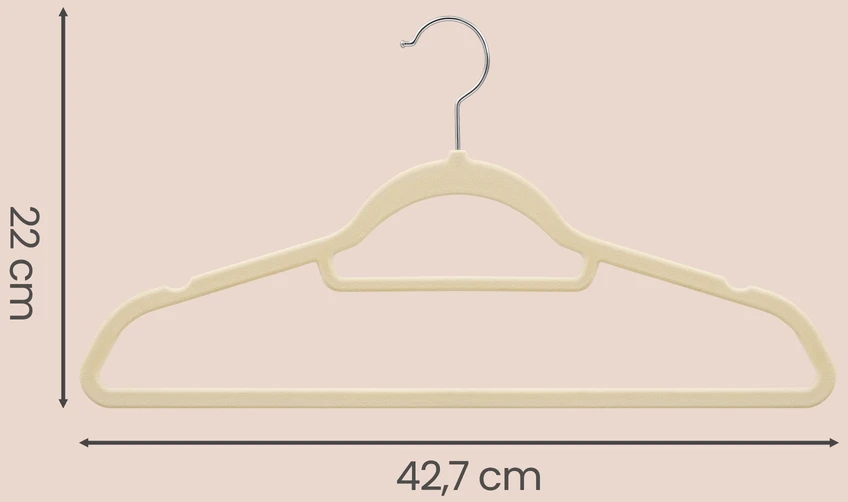 Koduva Aksominės drabužių pakabos, 20 vnt., neslidžios, 43,5 x 0,6 x 22,5 cm, smėlio spalvos