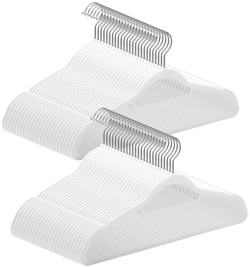 Koduva Aksominės drabužių pakabos, 50 vnt., baltos, 45 x 0,6 x 23,5 cm, su 360° kabliuku