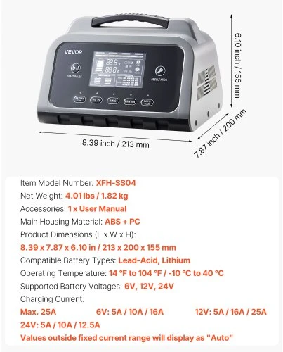 Koduva Akumuliatoriaus įkroviklis VEVOR XFH-SS04, 25 A, 6 V / 12 V / 24 V, LiFePO4 ir švino-rūgštiniams akumuliatoriams