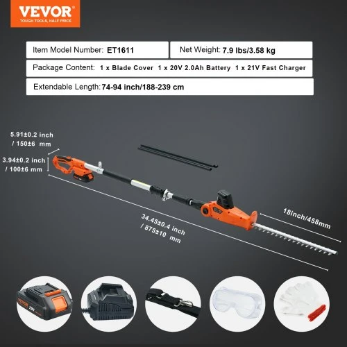 VEVOR Akumuliatorinės gyvatvorių žirklės ET1611, 20 V, teleskopinės, 46 cm ašmenys