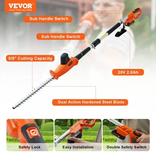 VEVOR Akumuliatorinės gyvatvorių žirklės ET1611, 20 V, teleskopinės, 46 cm ašmenys