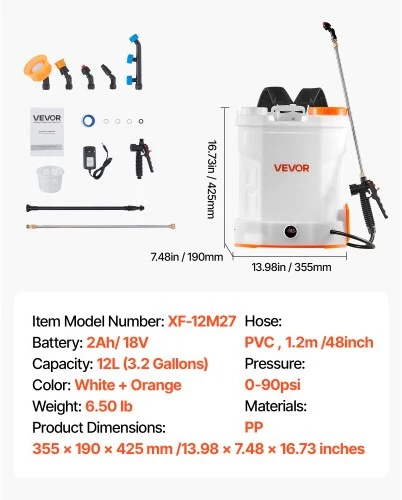 VEVOR Akumuliatorinis kuprinis purkštuvas XF-12M27-US, 12 l, baltas / oranžinis