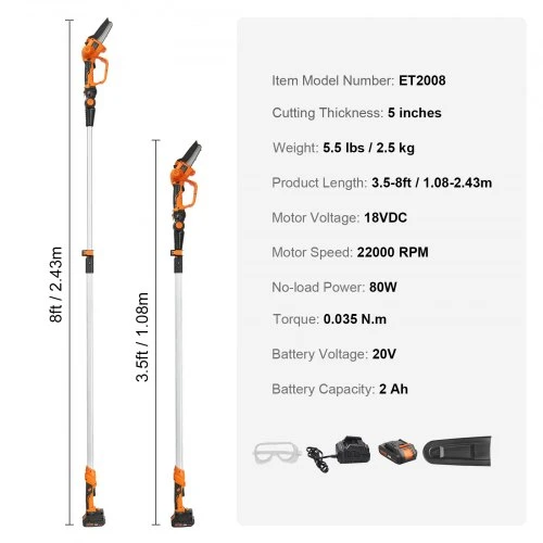 Koduva Akumuliatorinis teleskopinis genėtuvas ir mini grandininis pjūklas VEVOR ET2008, 20V 2Ah, 108-243 cm, 12,7 cm pjovimo storis