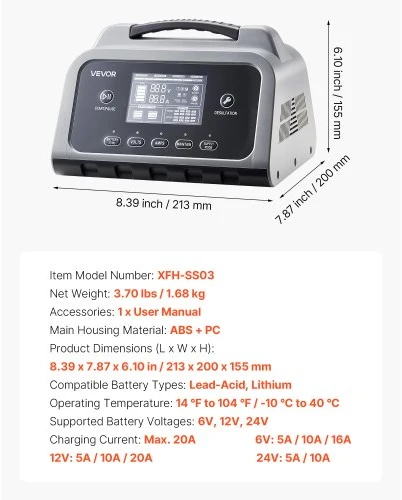 VEVOR Akumuliatorių įkroviklis XFH-SS03, 20 A, 6 V / 12 V / 24 V