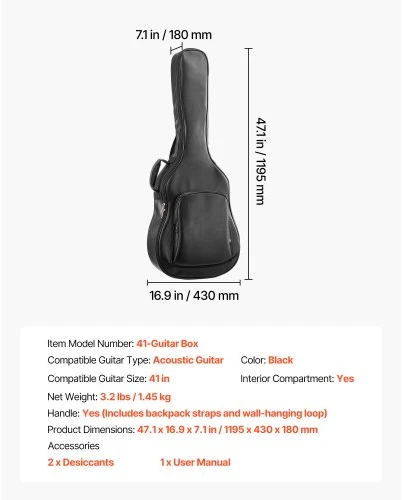 VEVOR Akustinės gitaros kietas dėklas, 119,5 cm, juodas