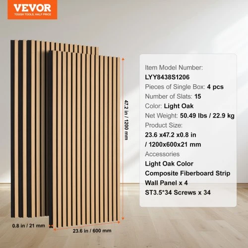 Koduva Akustinės sienų plokštės su lentjuostėmis VEVOR, MDF, šviesus ąžuolas, 120 x 60 cm, 4 vnt.
