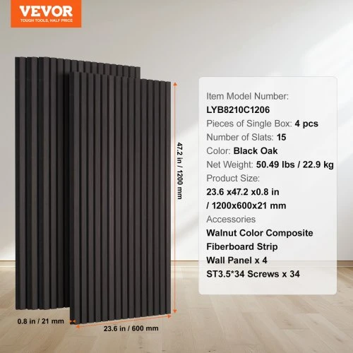 Koduva Akustinės sienų plokštės su lentjuostėmis VEVOR, MDF, juodas ąžuolas, 120 x 60 x 2,1 cm, 4 vnt.
