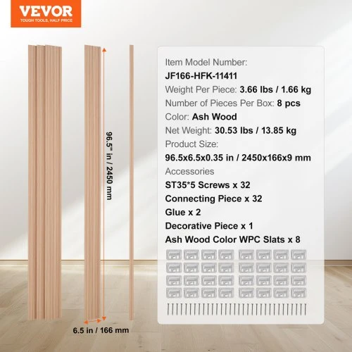 Koduva Akustinės sienų plokštės VEVOR, 8 vnt., WPC, uosio medienos spalva, 245 x 17 cm