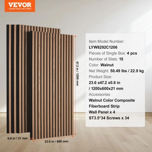 Koduva Akustinės sienų plokštės VEVOR, MDF, riešuto spalva, 120 x 60 x 2,1 cm, 4 vnt.
