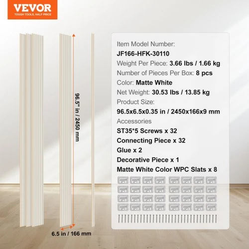 Koduva Akustinės sienų plokštės VEVOR, WPC, matinė balta, 8 vnt., 245 x 17 cm