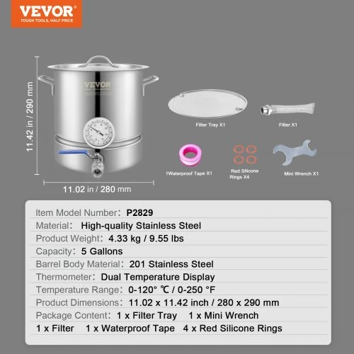Koduva Alaus virimo puodas VEVOR P2829, nerūdijantis plienas, 18,9 l, 28 x 29 cm