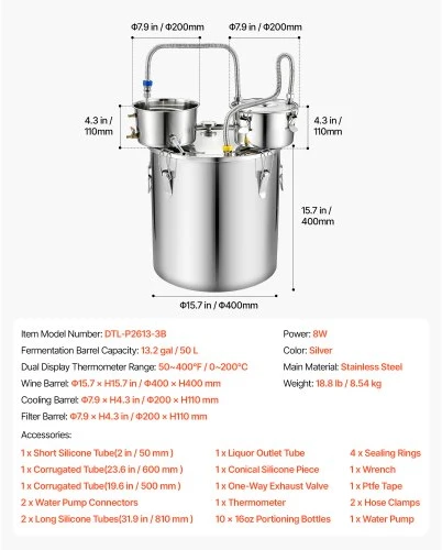VEVOR Alkoholio distiliatorius, 50 l, su 10 stiklainiais, sidabrinis