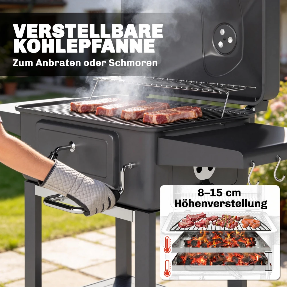 Aosom Anglinis BBQ rūkyklos grilis su dangčiu, termometru, reguliuojamu aukščiu, juodas