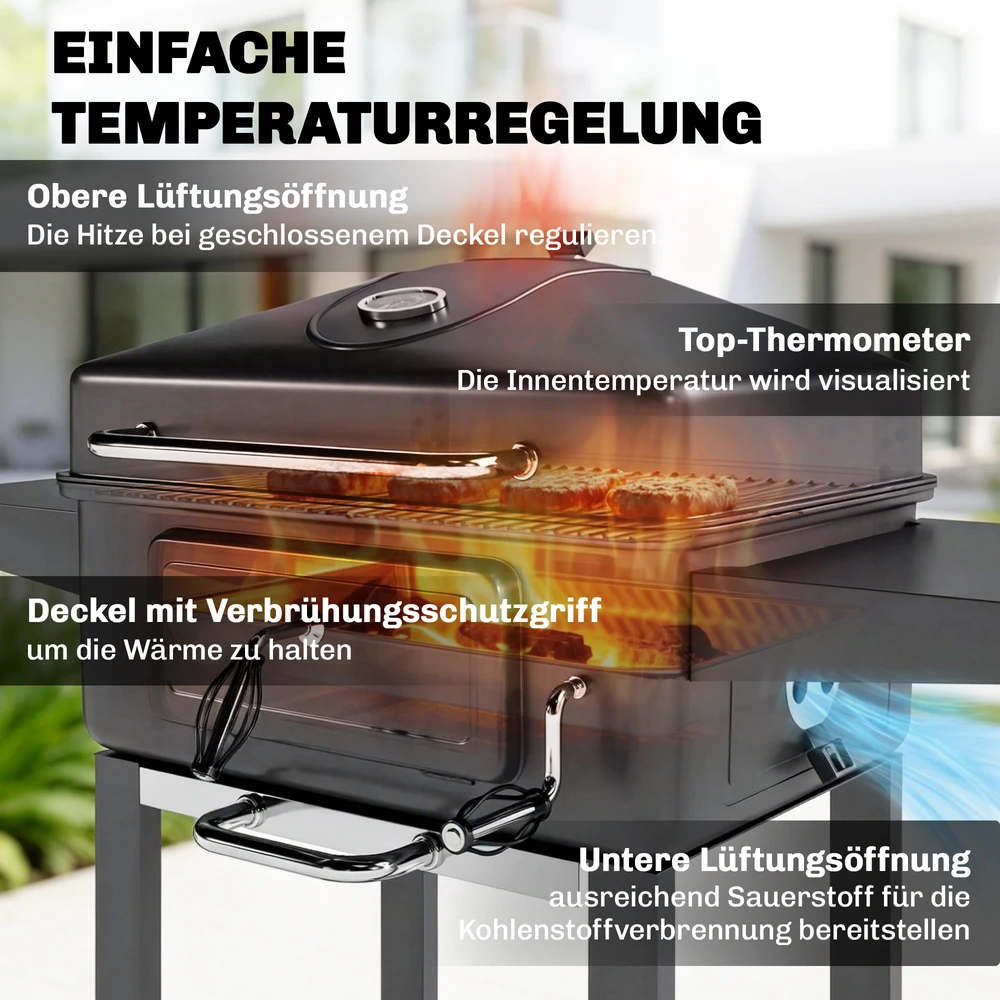 Aosom Anglinis BBQ rūkyklos grilis su dangčiu, termometru, reguliuojamu aukščiu, juodas