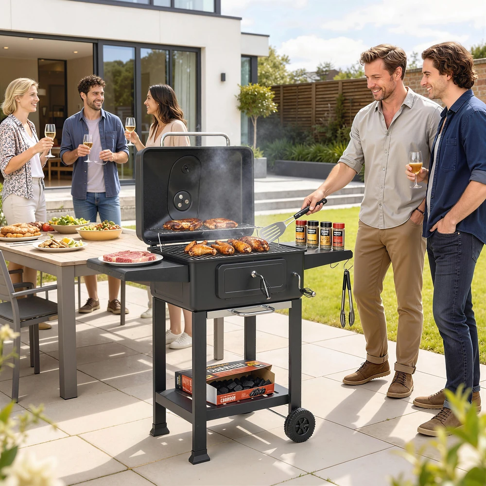 Aosom Anglinis BBQ rūkyklos grilis su dangčiu, termometru, reguliuojamu aukščiu, juodas