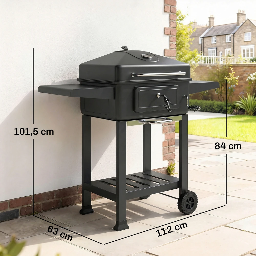 Aosom Anglinis BBQ rūkyklos grilis su dangčiu, termometru, reguliuojamu aukščiu, juodas