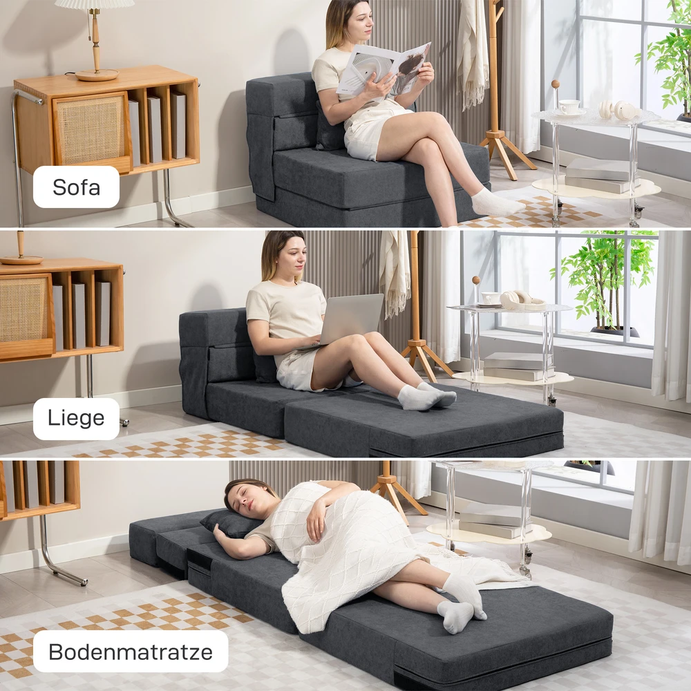 Fotelis Aosom Ant grindų pastatoma sofa-lova, tamsiai pilka, su pagalve, 210 x 80 x 15 cm