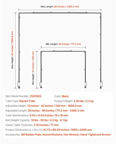 Koduva Ant stalo montuojamas strypo stovas VEVOR su spaustukais, metalinis, juodas, reguliuojamas 33-107 cm / 71-249 cm
